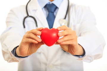 Doctor holding a heart on white background