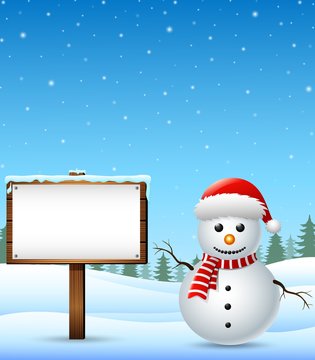 Winter landscape with snowman and wooden sign