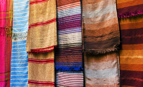 Textiles for sale in the famous souks of Marrakesh, Morocco, Africa
