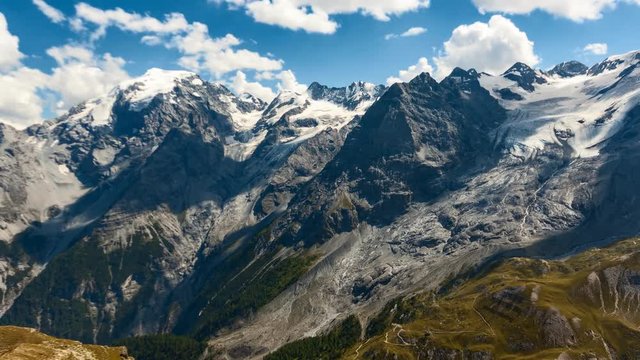 Timelapse of magnificent Ortler peak in the Alps on summer day, viewed from Stelvio Pass