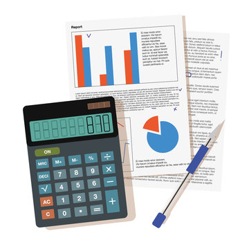 Finance Managment Workspace Desk Top View From Above Calculator, Glasses, Pen, Papers Vector Illustration 