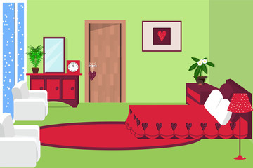 Bedroom interior vector illustration. Room with furniture bed, mirror, plant, rug, chair, picture. Cartoon. Flat style
