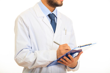 Doctor holding a clipboard on white background