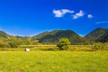Beautiful green countryside landscape, mountains and blue sky in Zagorje, Croatia