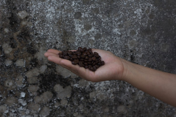 Coffee beans in hands on wood background
