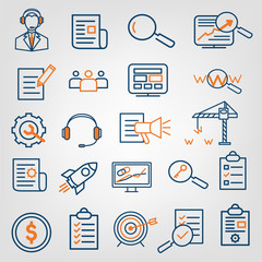 Set of SEO (search engine optimization) analytics, call center support, web site development icons. Flat line design, vector signs