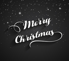 Merry Christmas greeting card, Merry Christmas white letters on black with snow
