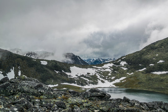 Ural mountain ridge and lake