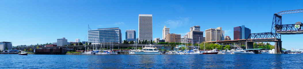 Fototapeta na wymiar Tacoma downtown water view with business buildings.