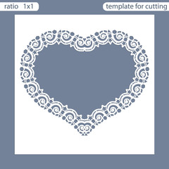 Laser cut wedding invitation card template.  Cut out the paper card with lace pattern.  Greeting card template for cutting plotter. Frame in the shape of a heart. Photo frame are laser cut. Vector.