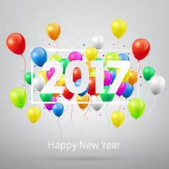 Happy New Year 2017 with colorful balloons, vector illustration.