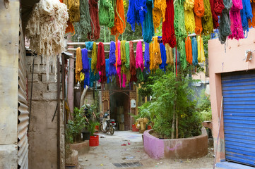 Typical colorful textiles dye in the historic Kasbah of Fes, Morocco, Africa