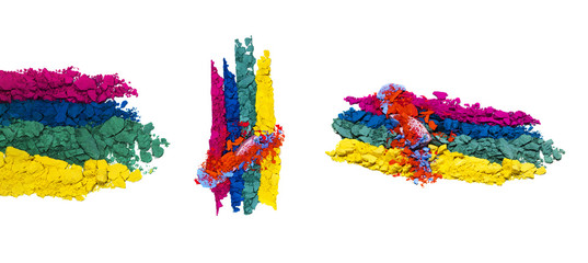 Collection de fards &agrave; paupi&egrave;res explos&eacute;s sur fond blanc