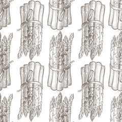 Asparagus. Seamless vector pattern, monochrome illustration. Hand drawn sketch style. Food vintage background.