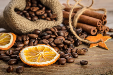 bag with coffee beans and Christmas attributes