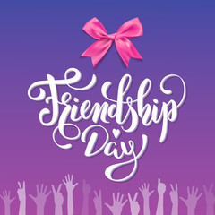 Vector Friendship Day lettering inscription .purple background with hands, bowtie