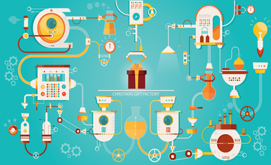 Modern vector illustration of Christmas gifts factory. Industry of new year celebration