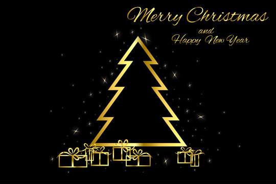 Gold Christmas tree with shining on a black background