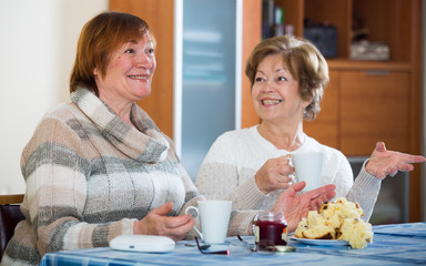 Female pensioners watching TV channel and drinking tea