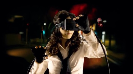 A girl wearing a virtual reality headset, wearing wired gloves, interacting with what she sees. Background: a timelapse of city streets at night.
 - Powered by Adobe