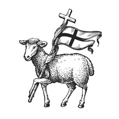 Lamb with Cross. Religion symbol. Sketch vector illustration
