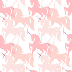 Pink Unicorns. Seamless vector pattern. Fairytale background with cute silhouettes of unicorns.