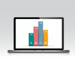 Computer laptop with business graph on screen,3d and flat vector