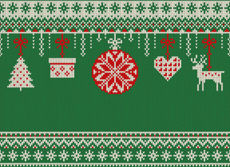 Merry Christmas and New Year seamless knitted pattern with Christmas balls, snowflakes and fir. Scandinavian style. Winter Holiday Sweater Design. Vector Illustration.