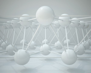 3d illustration. Abstract white three-dimensional composition, render. The structure of the balls and connecting rods. The image of the atoms, molecules, the hinge.