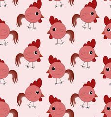 Seamless pattern with funny cartoon red roosters on the pale pink background