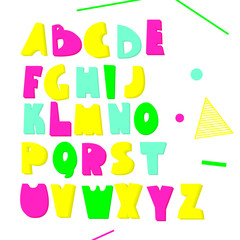 Neon 3d font. Bright volumetric letters isolated on white. Vector alphabet