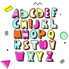 Vector alphabet in retro style. Memphis type isolated.