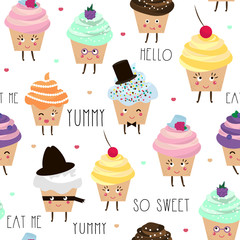 Seamless pattern with cupcake characters isolated. Cute baby and kids background. Vector illustration