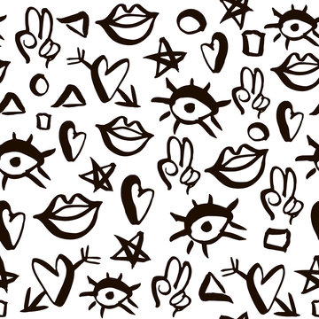 Abstract seamless pattern with ink made elements. Eyes,lips, stars,geometric signs. Modern black and white texture. Vector Illustration