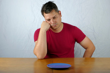 Hungry man watching empty plate
