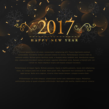 golden 2017 new year text with floral and conffetti on black bac