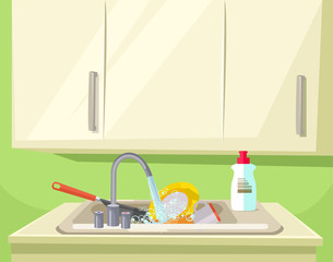 Sink full of dirty dishes. Vector flat cartoon illustration