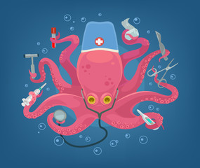 Cute octopus character hold medical instruments in his tentacles. Vector flat cartoon illustration