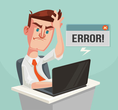 Error message and puzzled office worker character. Vector flat cartoon illustration