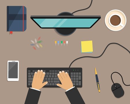 Top view of a desk background. There is a computer, smart phone, daily planner, stationery and cup of coffee on a brown background. There are hands on the keyboard in the picture. Vector illustration