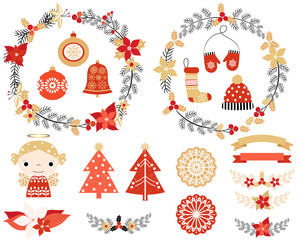 Christmas set with wreaths laurels, angel, ornaments, trees, stocking, hat, mittens, poinsettia, snowflakes in red, gold and black