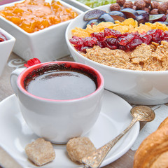 French breakfast on a wooden tray