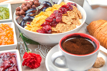 French breakfast on a wooden tray