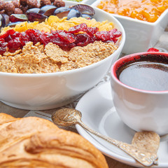 French breakfast on a wooden tray