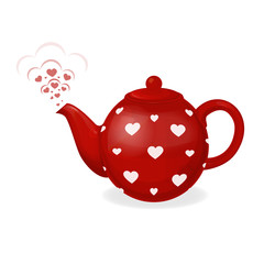 Red tea kettle in white heart. From the teapot spout is in the form of pairs of hearts. Illustration for Valentine's Day