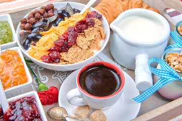 French breakfast on a wooden tray