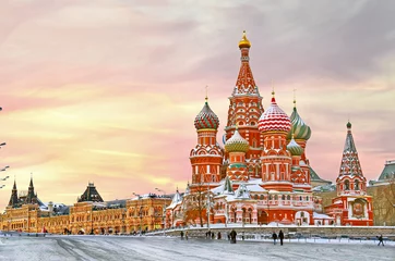 Fotobehang Moskou Moskou, Rusland, Rode plein, uitzicht op de Sint-Basiliuskathedraal in de winter