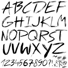 Hand drawn font made by dry brush strokes. Grunge style alphabet