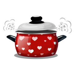 Vector illustration of a red pot, steam comes out of it in the form of hearts. Card for the holiday Valentine's Day.