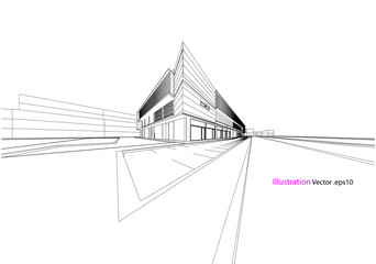 commercial building structure architecture abstract drawing, 3d illustration vector
